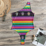 Sugar Skull Mexican Serape Pattern Print One Shoulder Bodysuit