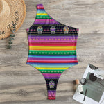Sugar Skull Mexican Serape Pattern Print One Shoulder Bodysuit