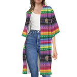 Sugar Skull Mexican Serape Pattern Print Open Front Beach Cover Up