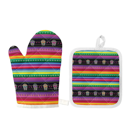Sugar Skull Mexican Serape Pattern Print Oven Mitt And Pot Holder Set