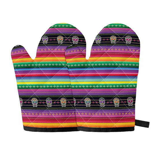 Sugar Skull Mexican Serape Pattern Print Oven Mitts