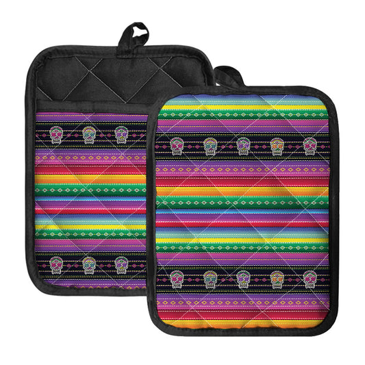 Sugar Skull Mexican Serape Pattern Print Pot Holders With Pocket