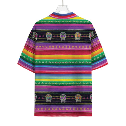 Sugar Skull Mexican Serape Pattern Print Rayon Hawaiian Shirt