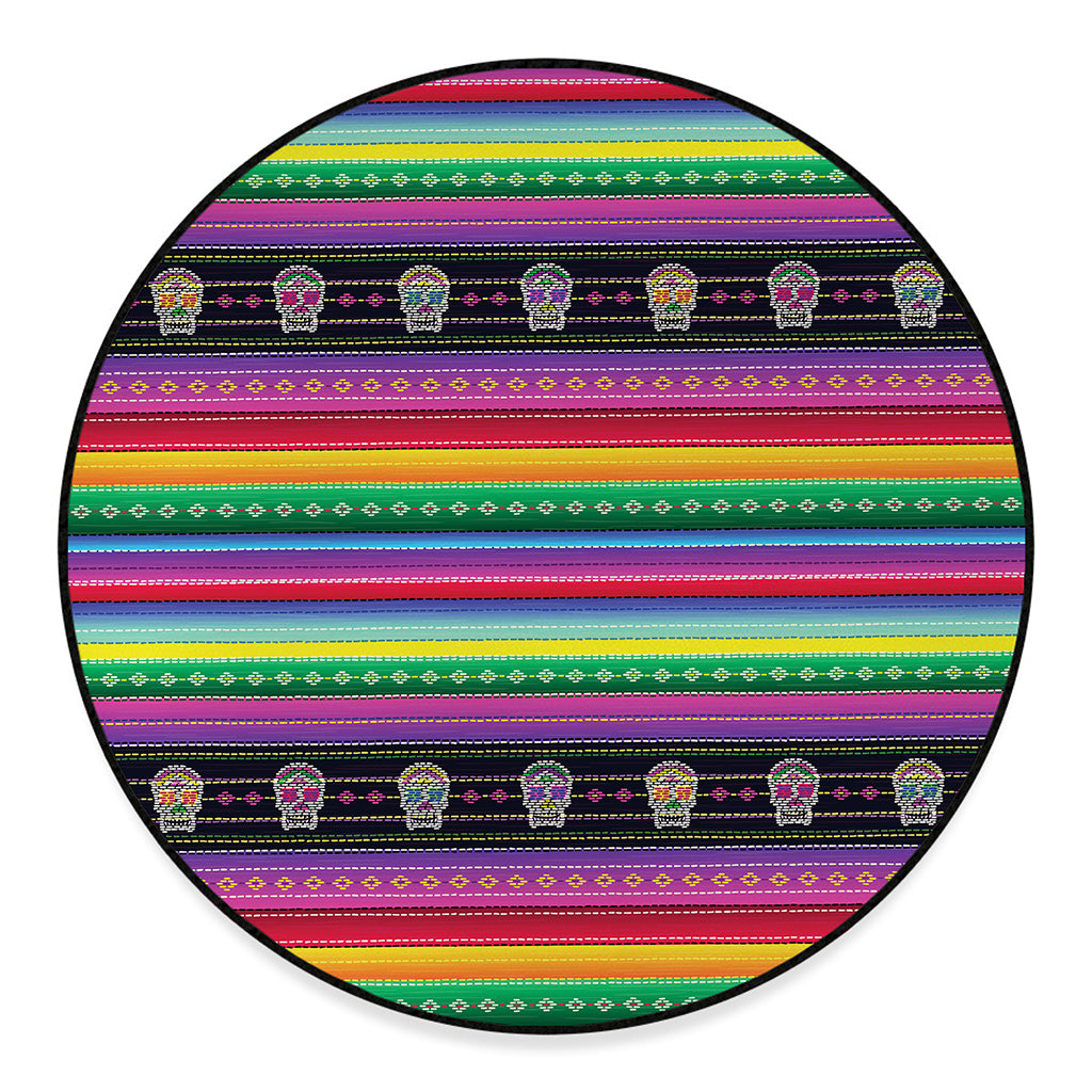 Sugar Skull Mexican Serape Pattern Print Round Floor Mat