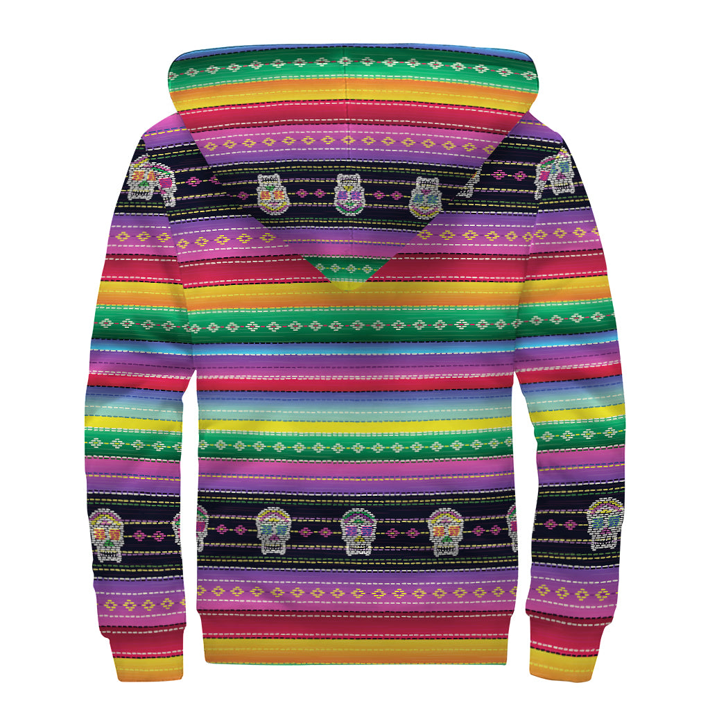 Sugar Skull Mexican Serape Pattern Print Sherpa Lined Zip Up Hoodie