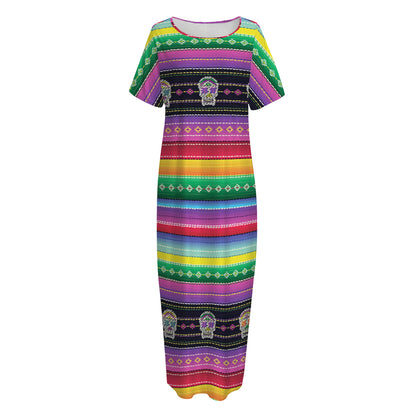 Sugar Skull Mexican Serape Pattern Print Short Sleeve Long Nightdress