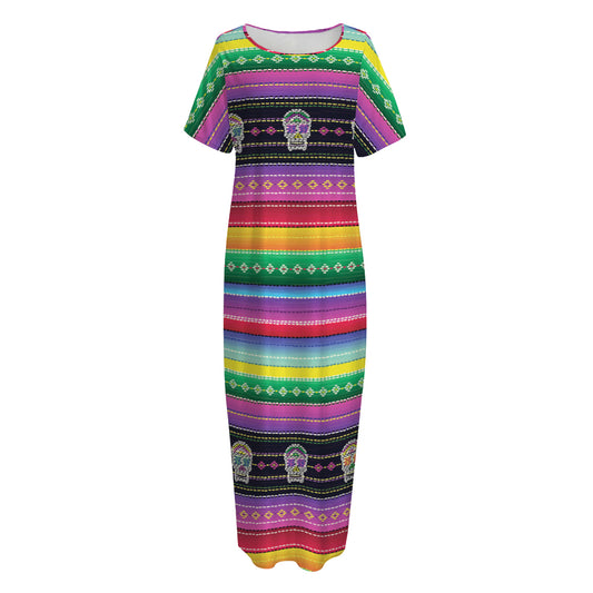 Sugar Skull Mexican Serape Pattern Print Short Sleeve Long Nightdress
