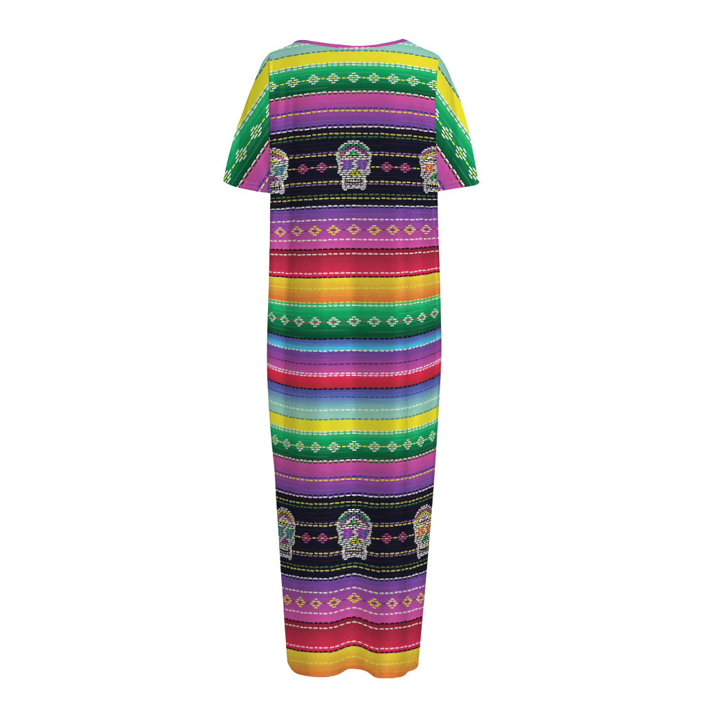 Sugar Skull Mexican Serape Pattern Print Short Sleeve Long Nightdress