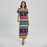 Sugar Skull Mexican Serape Pattern Print Short Sleeve Maxi Dress
