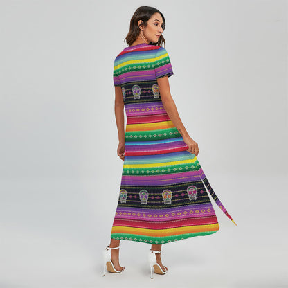 Sugar Skull Mexican Serape Pattern Print Short Sleeve Maxi Dress