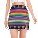 Sugar Skull Mexican Serape Pattern Print Side Slit Mini Skirt