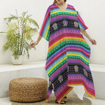 Sugar Skull Mexican Serape Pattern Print Silk V-Neck Kaftan Dress