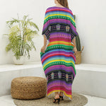 Sugar Skull Mexican Serape Pattern Print Silk V-Neck Kaftan Dress