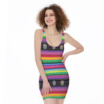 Sugar Skull Mexican Serape Pattern Print Sleeveless Bodycon Dress
