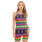 Sugar Skull Mexican Serape Pattern Print Sleeveless One Piece Swimsuit