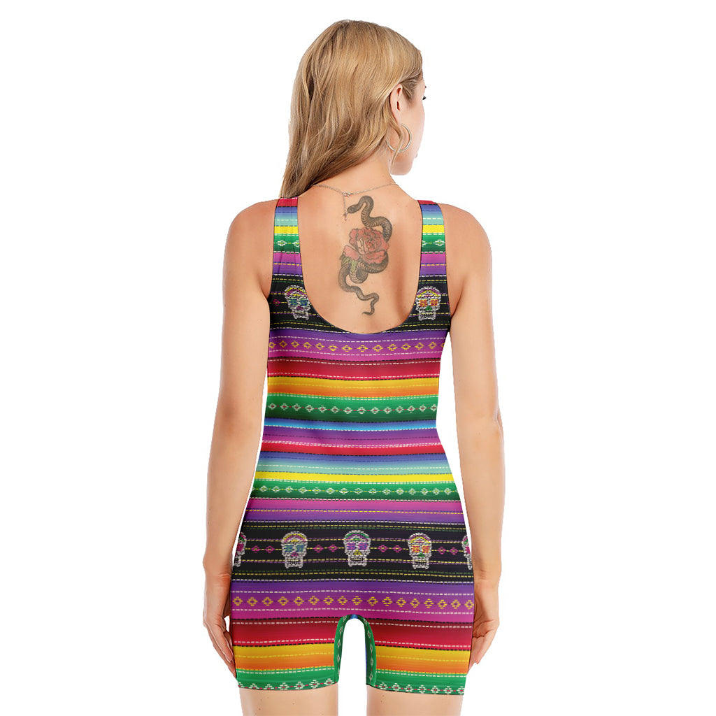 Sugar Skull Mexican Serape Pattern Print Sleeveless One Piece Swimsuit