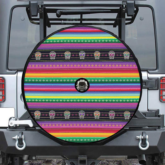 Sugar Skull Mexican Serape Pattern Print Tire Cover With Camera Hole
