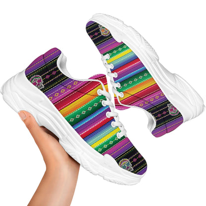 Sugar Skull Mexican Serape Pattern Print White Chunky Shoes