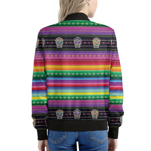 Sugar Skull Mexican Serape Pattern Print Women's Bomber Jacket