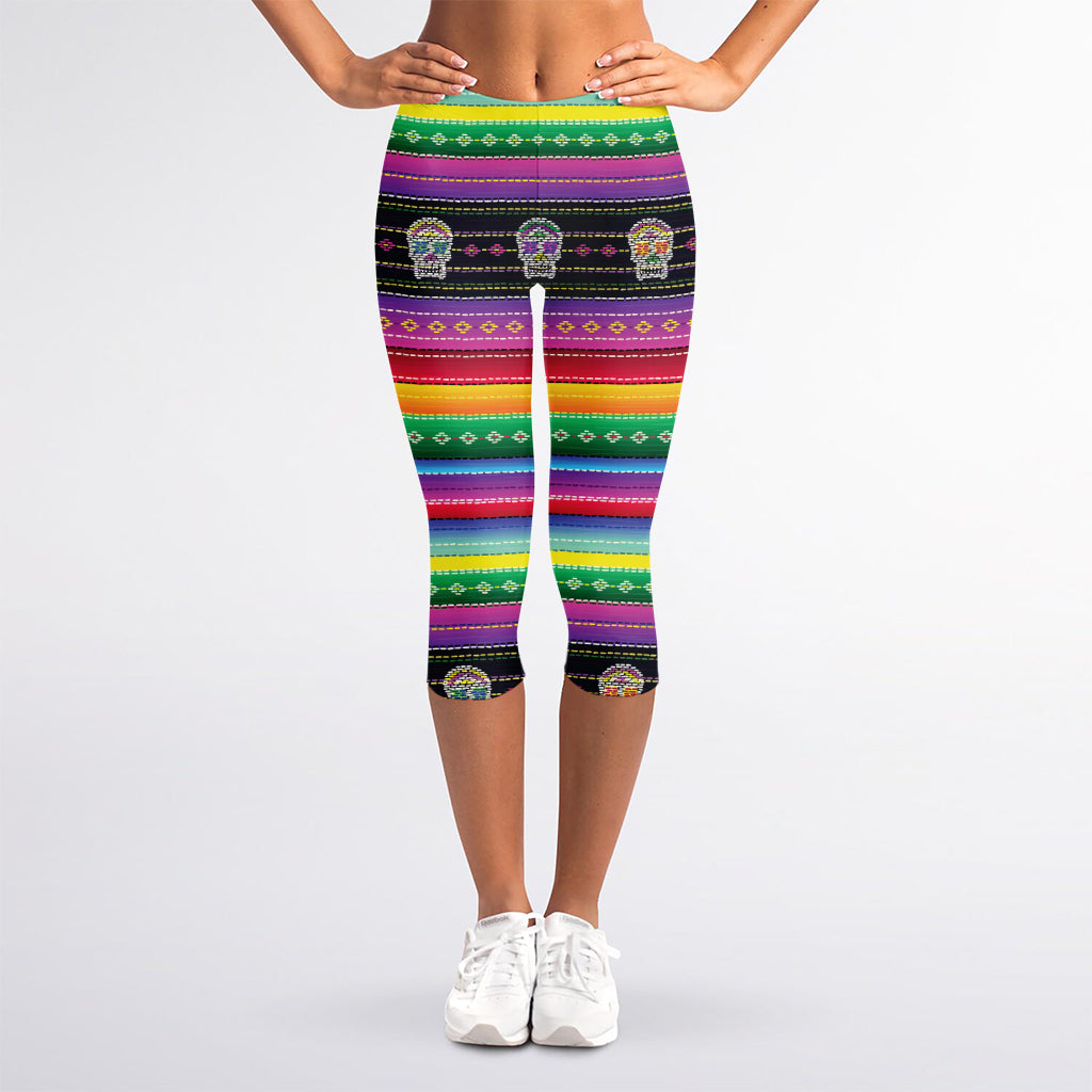 Sugar Skull Mexican Serape Pattern Print Women's Capri Leggings