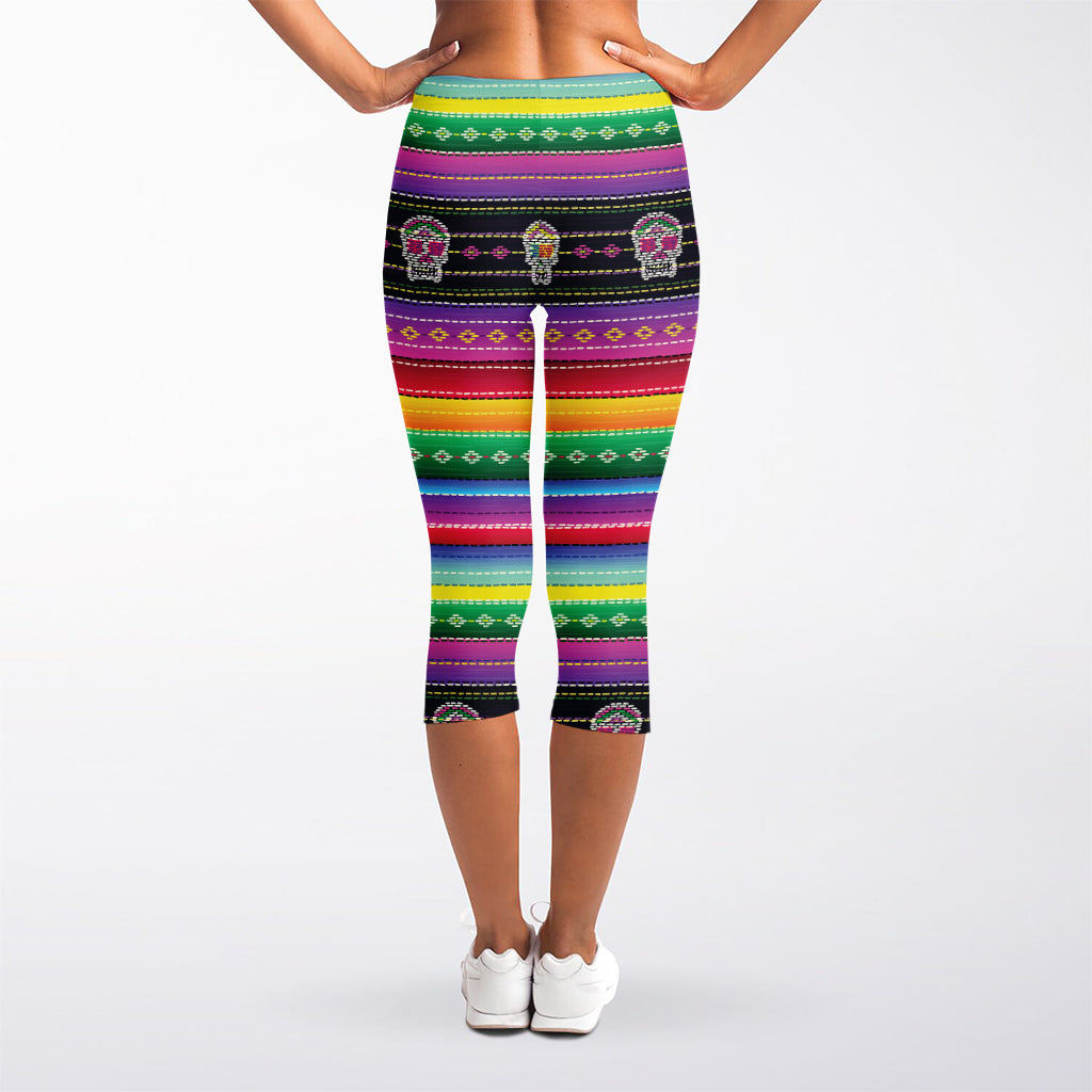 Sugar Skull Mexican Serape Pattern Print Women's Capri Leggings