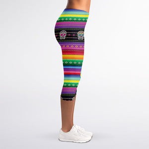 Sugar Skull Mexican Serape Pattern Print Women's Capri Leggings