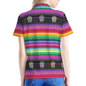 Sugar Skull Mexican Serape Pattern Print Women's Polo Shirt
