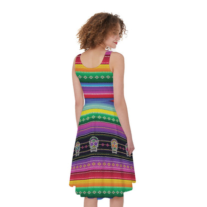 Sugar Skull Mexican Serape Pattern Print Women's Sleeveless Dress