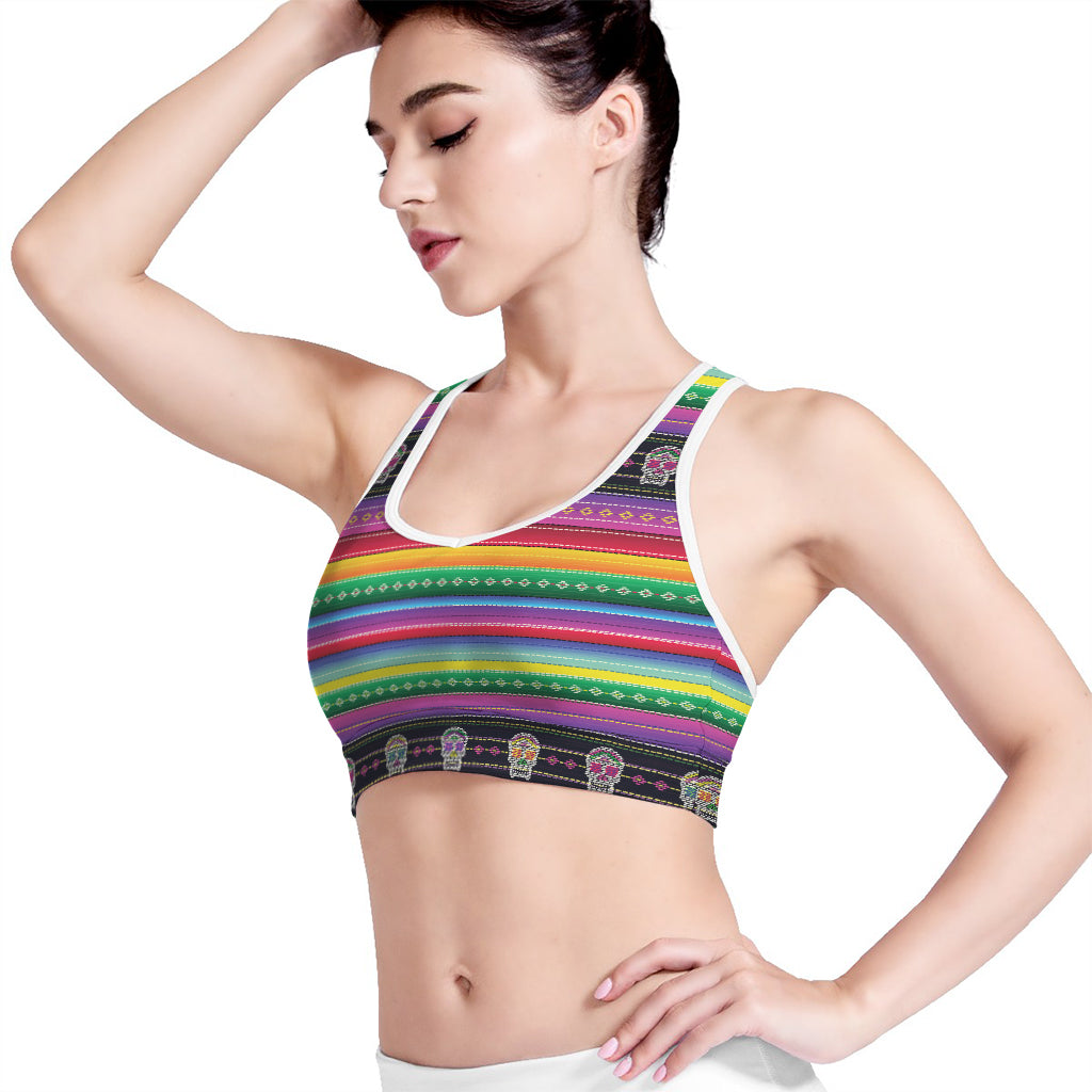 Sugar Skull Mexican Serape Pattern Print Women's Sports Bra