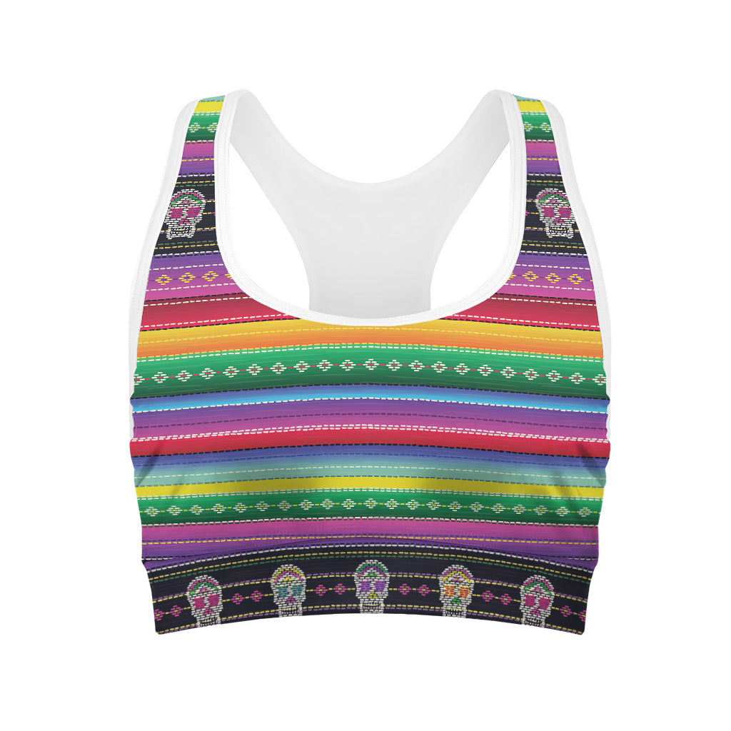 Sugar Skull Mexican Serape Pattern Print Women's Sports Bra