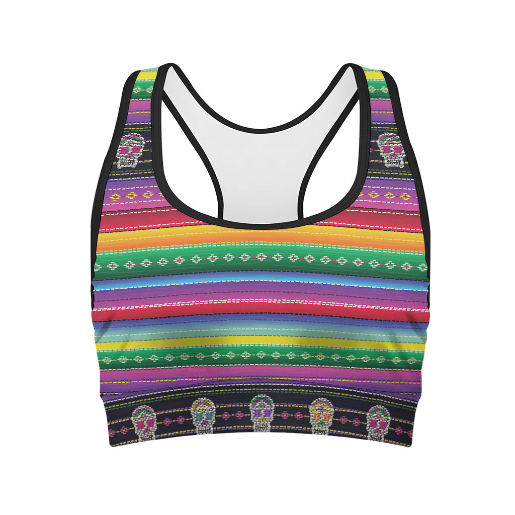 Sugar Skull Mexican Serape Pattern Print Women's Sports Bra