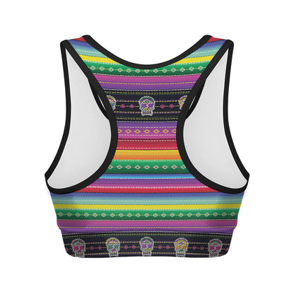 Sugar Skull Mexican Serape Pattern Print Women's Sports Bra