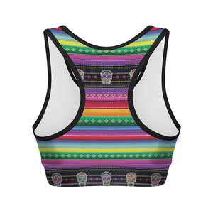 Sugar Skull Mexican Serape Pattern Print Women's Sports Bra