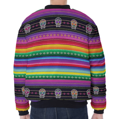 Sugar Skull Mexican Serape Pattern Print Zip Sleeve Bomber Jacket