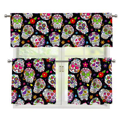 Sugar Skull Pattern Print 3 Piece Kitchen Curtains