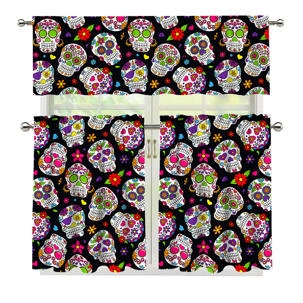 Sugar Skull Pattern Print 3 Piece Kitchen Curtains