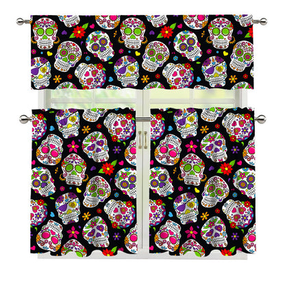 Sugar Skull Pattern Print 3 Piece Kitchen Curtains