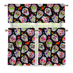 Sugar Skull Pattern Print 3 Piece Kitchen Curtains