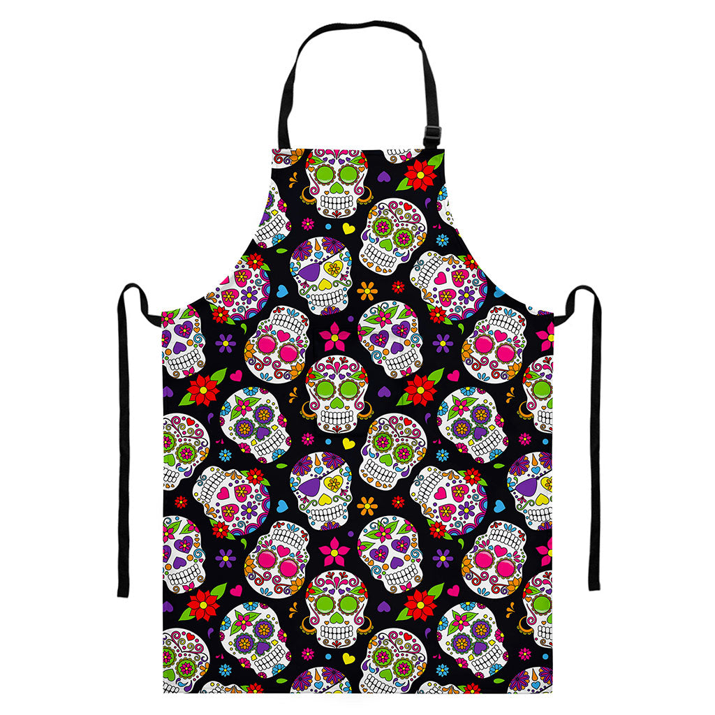 Sugar Skull Pattern Print Bib Apron With Pocket