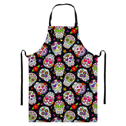 Sugar Skull Pattern Print Bib Apron With Pocket