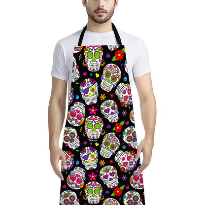 Sugar Skull Pattern Print Bib Apron With Pocket