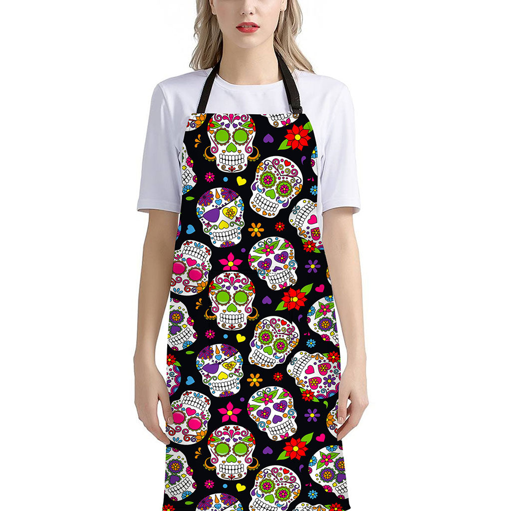 Sugar Skull Pattern Print Bib Apron With Pocket