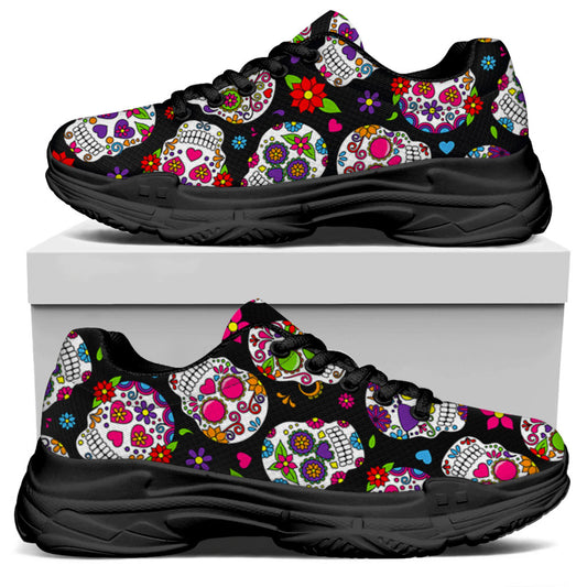 Sugar Skull Pattern Print Black Chunky Shoes