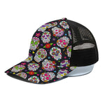 Sugar Skull Pattern Print Black Mesh Trucker Cap