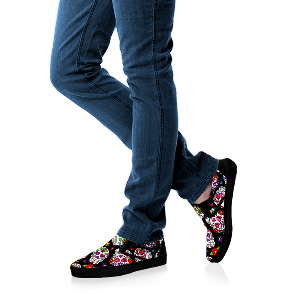 Sugar Skull Pattern Print Black Slip On Sneakers