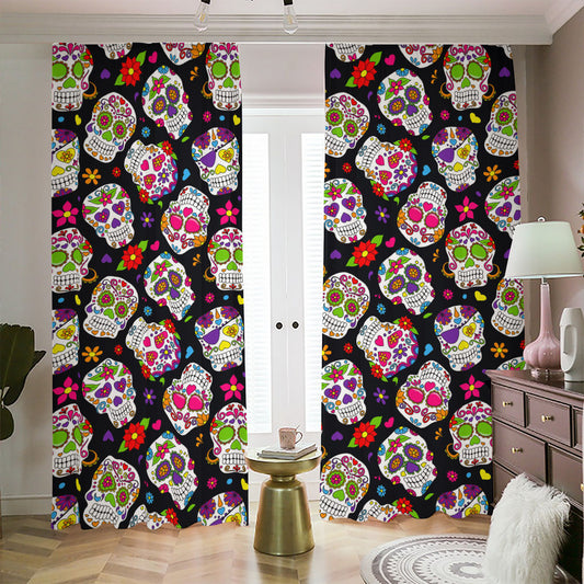 Sugar Skull Pattern Print Blackout Pencil Pleat Curtains