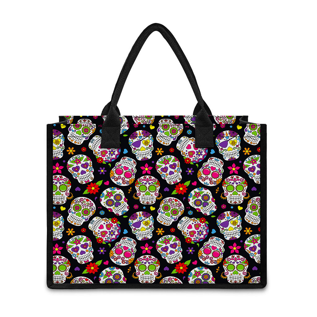 Sugar Skull Pattern Print Canvas Tote Bag