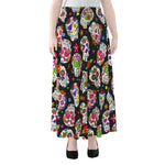 Sugar Skull Pattern Print Chiffon Maxi Skirt