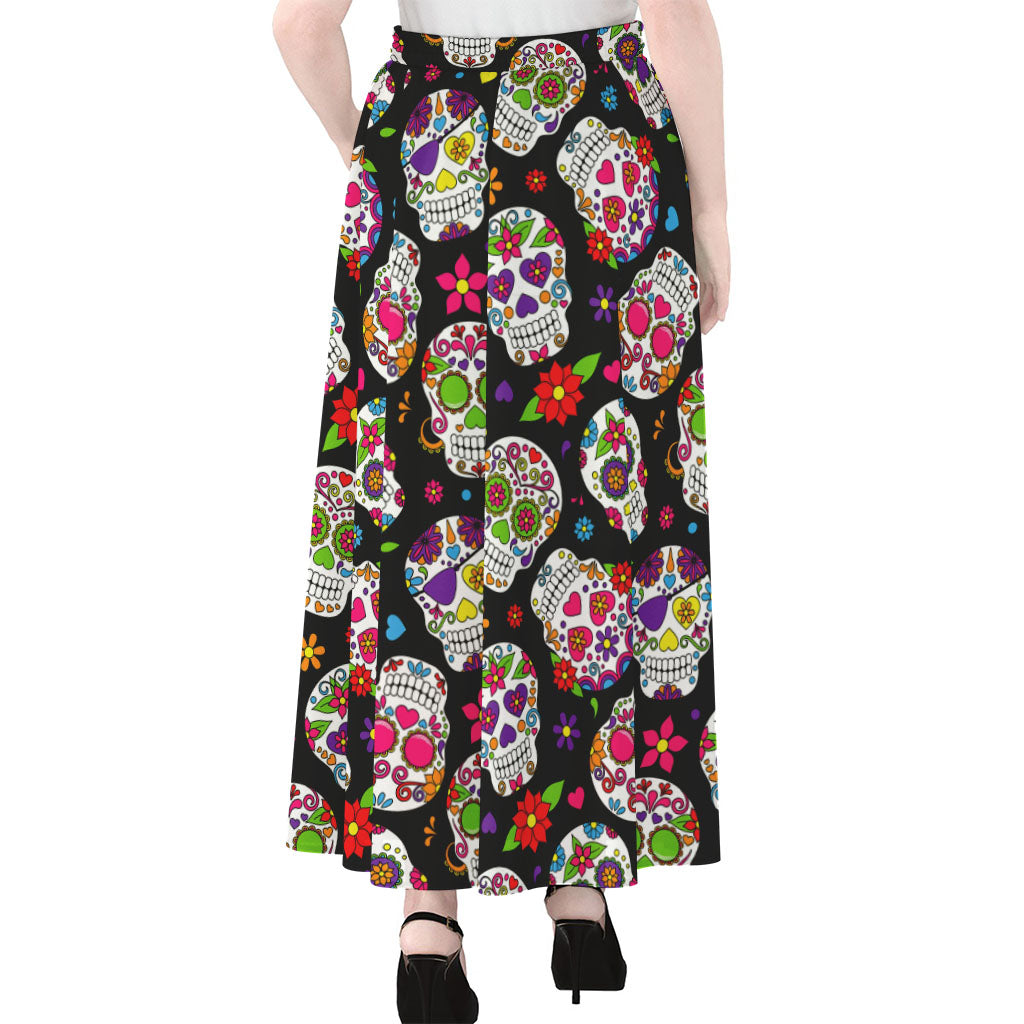 Sugar Skull Pattern Print Chiffon Maxi Skirt