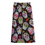 Sugar Skull Pattern Print Cotton Front Slit Maxi Skirt